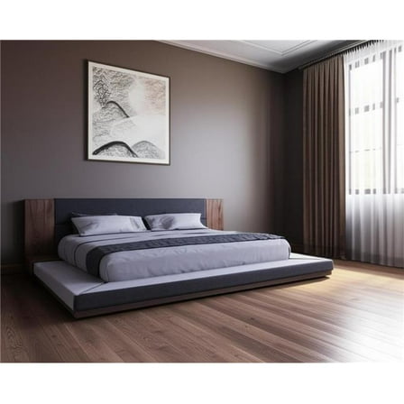 HomeRoots 486207 Gray & Walnut Wood & Upholstery Queen Bed Frame with Attached Nightstands