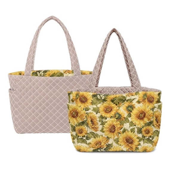 Pzuqiu Vintage Sunflower Print Large Quilted Tote Bag for Women Lightweight Puffer Tote Shoulder Bag for Work Travel Daily Casual Use Versatile Everyday Carry