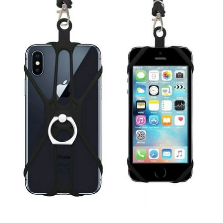 2 In 1 Cell Phone Silicone Lanyard Strap Case Holder With Detachable Neck Strap Universal For Smartphone, Black