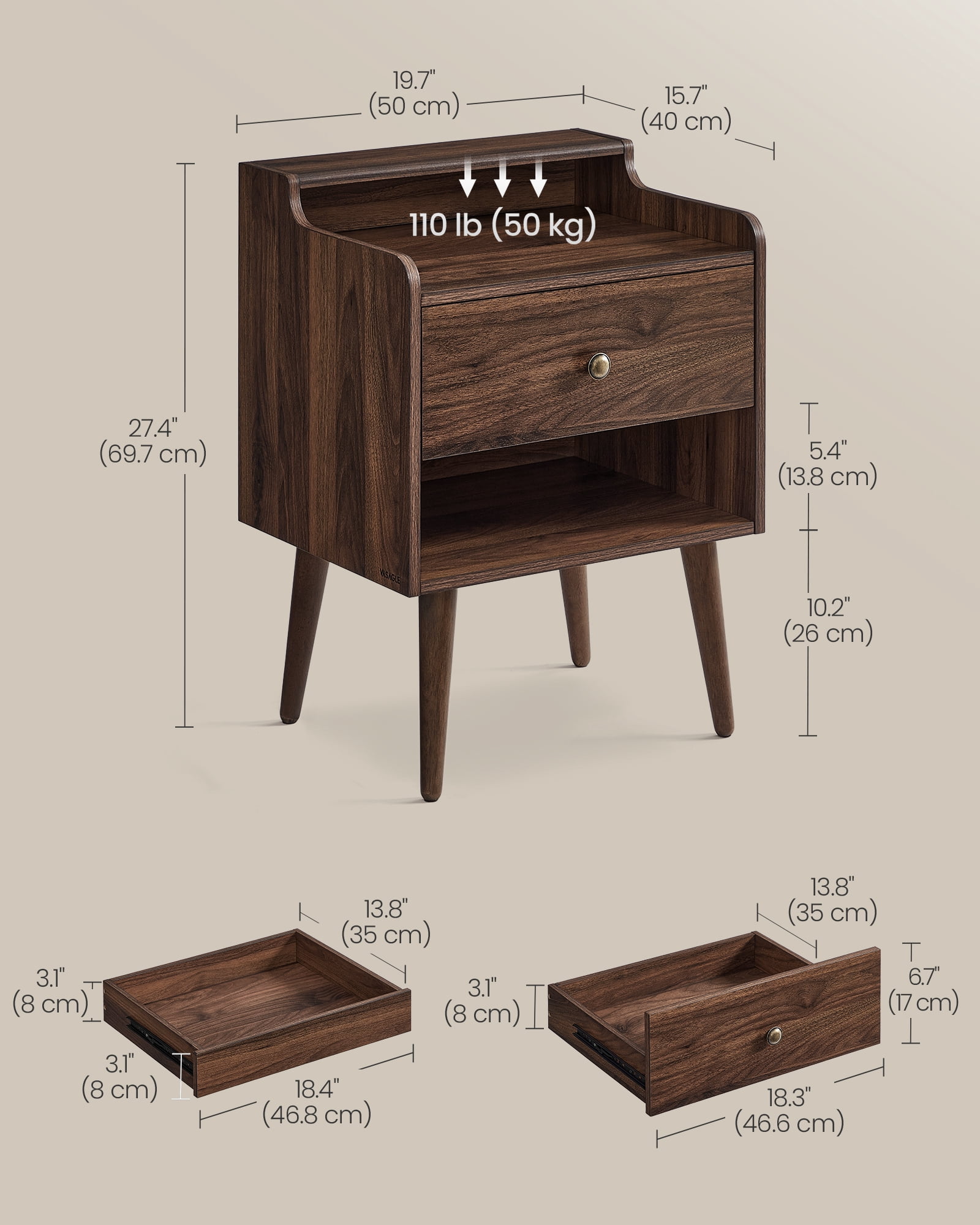 Nightstands, Set of 2, Bedside Tables with Hidden Drawers, Mid-Century End Tables with Solid Wood Legs, Side Tables for Bedroom, Natural Walnut