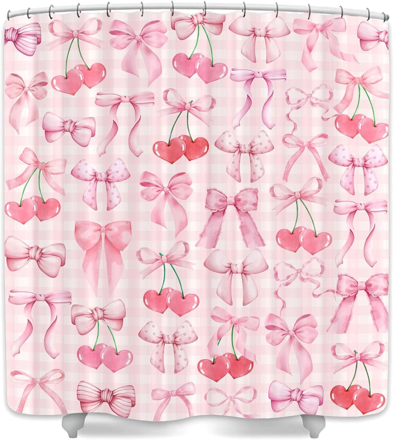 Cute Pink Shower Curtain Modern Aesthetic Coquette Bow Pretty Bathroom Decor for Girls Teens Fabric Waterproof Polyester Bathroom Decor Set with Hooks,60X72