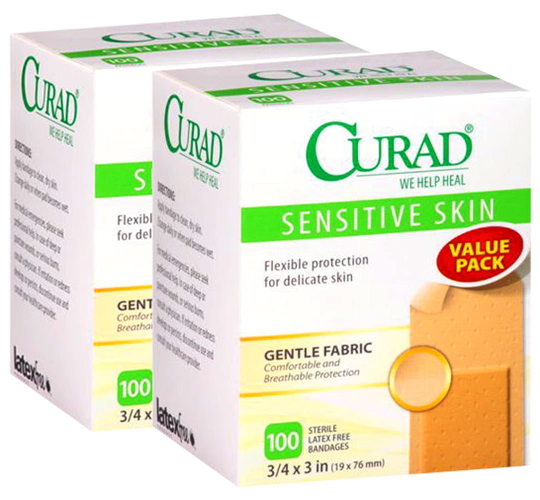 Curad Sensitive Skin Flexible Sterile Bandages, 3/4" x 3", 100 Count (Pack of 2)