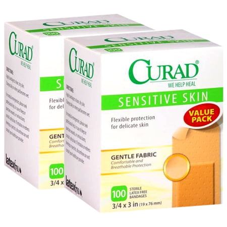 Curad Sensitive Skin Flexible Sterile Bandages, 3/4" x 3", 100 Count (Pack of 2)
