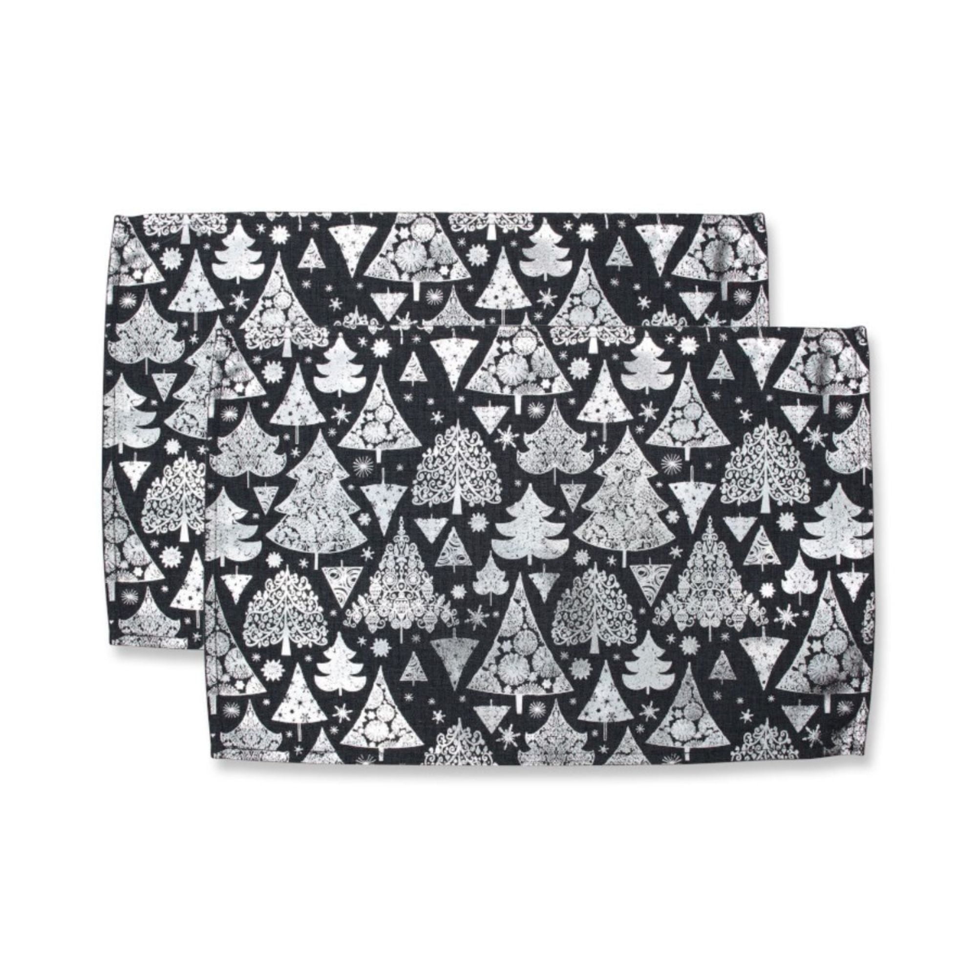 Set of 2 Black and Silver Trees Christmas Rectangular Placemats 18.5