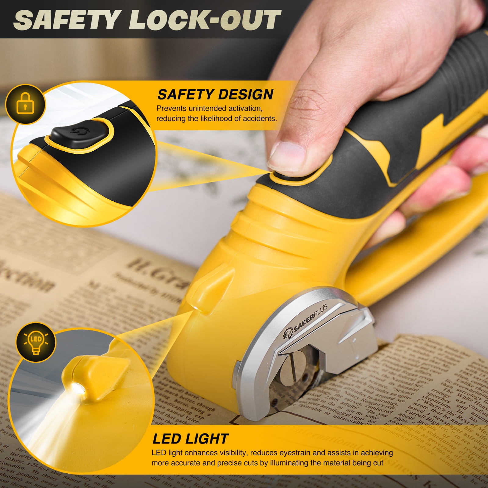 Saker 4V Cordless Electric Scissors, Cardboard Cutter with Safety Lock, LED Light, 220RPM Rotary Cutter for Cardboard, Fabric, Box, Leather, Yellow