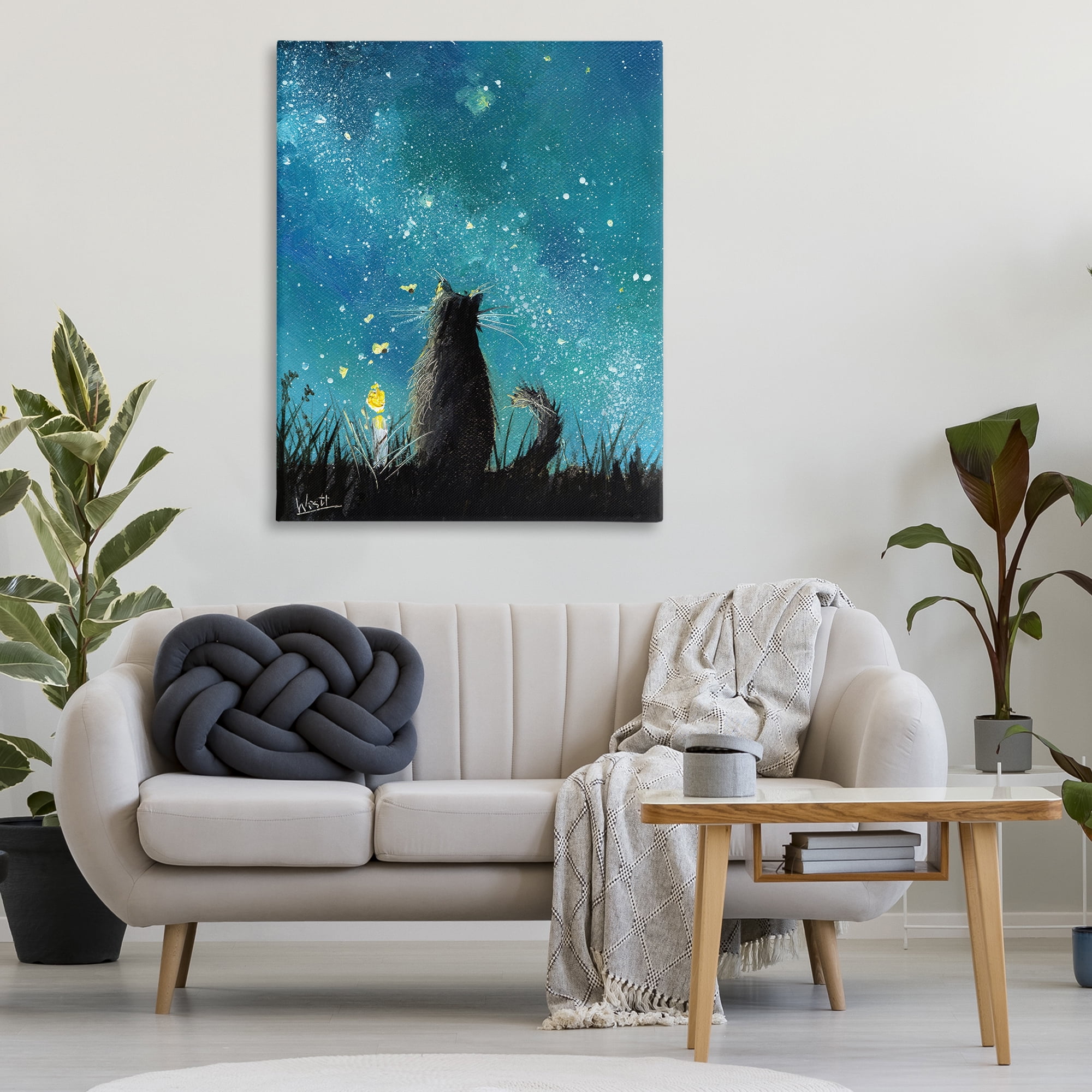 Stupell Industries Cat Gazing at Stars Astrology & Stars Painting Wrapped Canvas Art Print Wall Art, 36 x 48