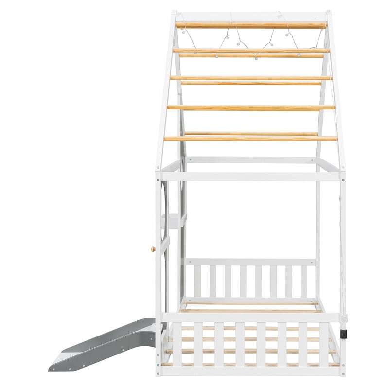 Twin Size Kids House Bed with Small Slide, Wooden Playhouse Floor Design Platform Bed Frame with Light Strip & Storage Shelf