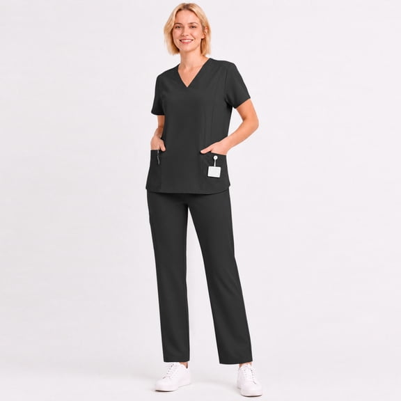 Scrubs For Women 2 Piece Set V Neck 2 Pocket Work Top & Straight Leg Pants Cozy Breathable Quick Drying Nurse Sets Black L