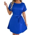 thumbnail image 2 of Robe Décontractée Grande Taille pour Femmes à Manches Courtes avec Ceinture Nœud Col Rond Fluide Confortable pour Fête Vacances Printemps Automne Usage Quotidien, 2 of 6