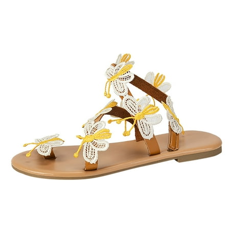 

Youmylove Women Butterfly Decoration Elastic Band Casual Open Toe Flat Soft Bottom Breathable Shoes Sandals Summer Comfy Beach Outdoor Walking Footwear