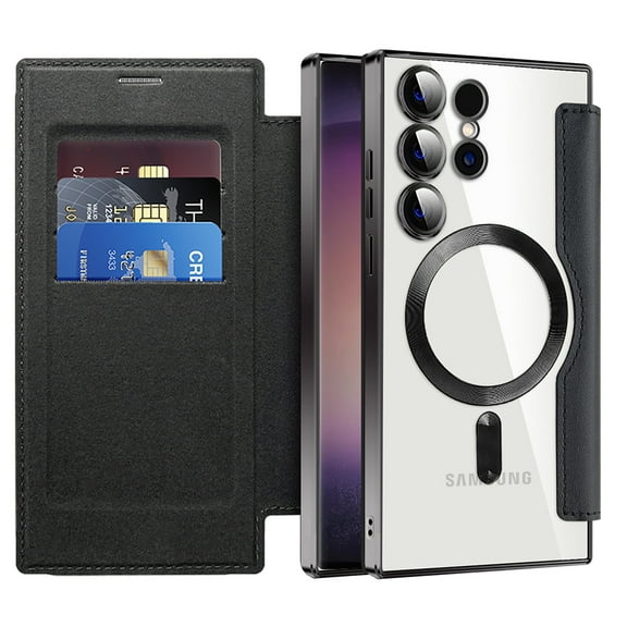 Feishell Flip Case for Samsung Galaxy S24 Ultra with Camera Lens Protect Film,Magnetic Closure PU Leather Folio Case with RFID Blocking Card Slots Luxury Plating Transparent Phone Cover,Black
