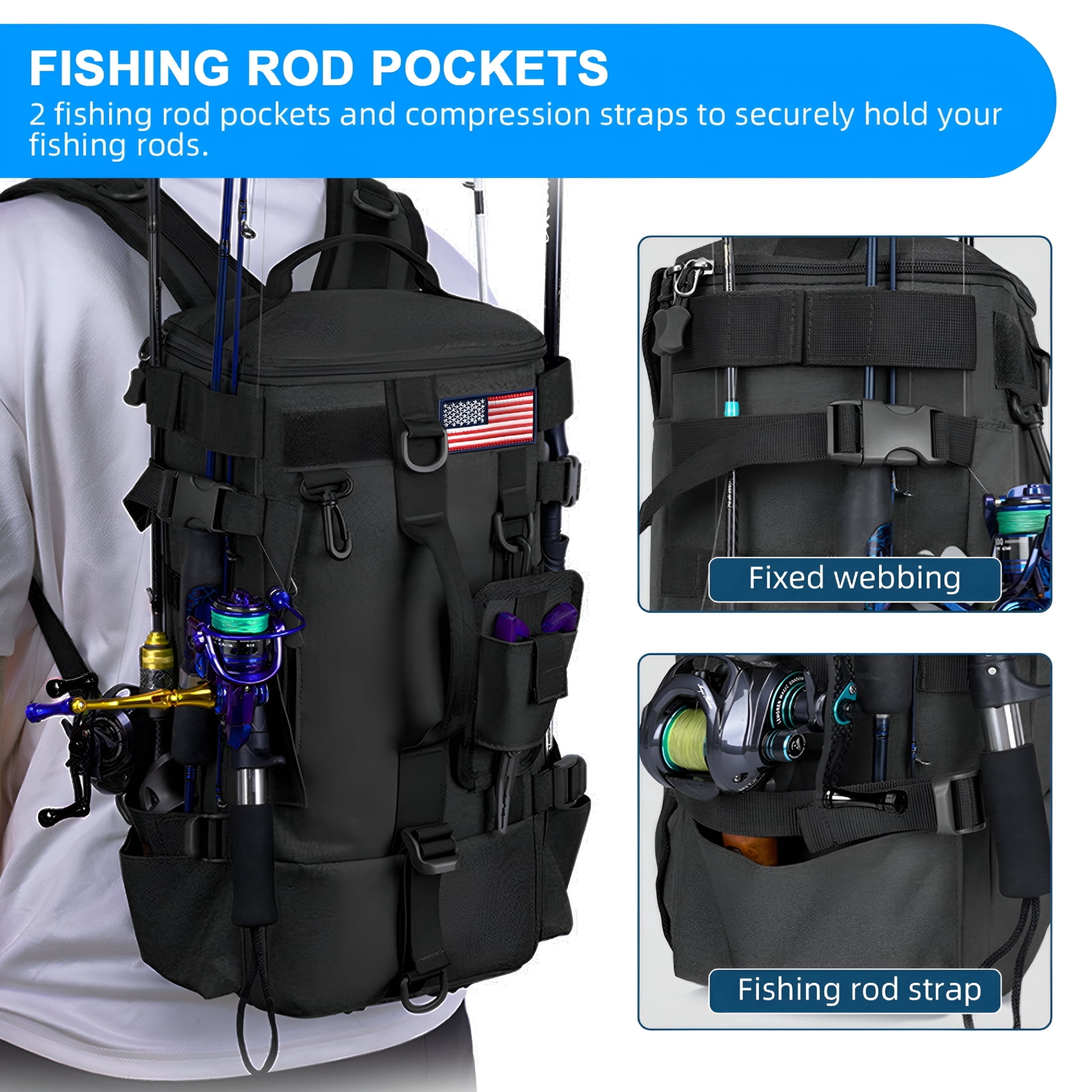 GASTROPOD 2026 New Fishing Backpack with Rod Holder, 600D Waterproof Outdoor Tackle Bag, Fishing Gear Tackle Box Storage Bag Black