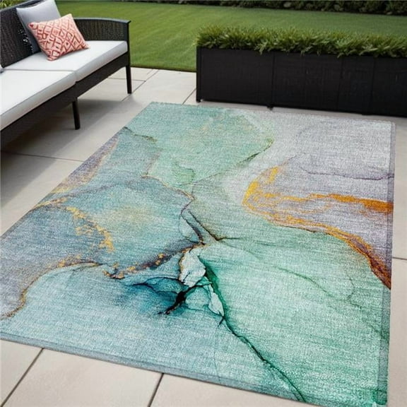 HomeRoots 559716 5 x 8 ft. Teal Abstract Washable Non Skid Indoor Outdoor Rectangle Machine Woven Area Rug