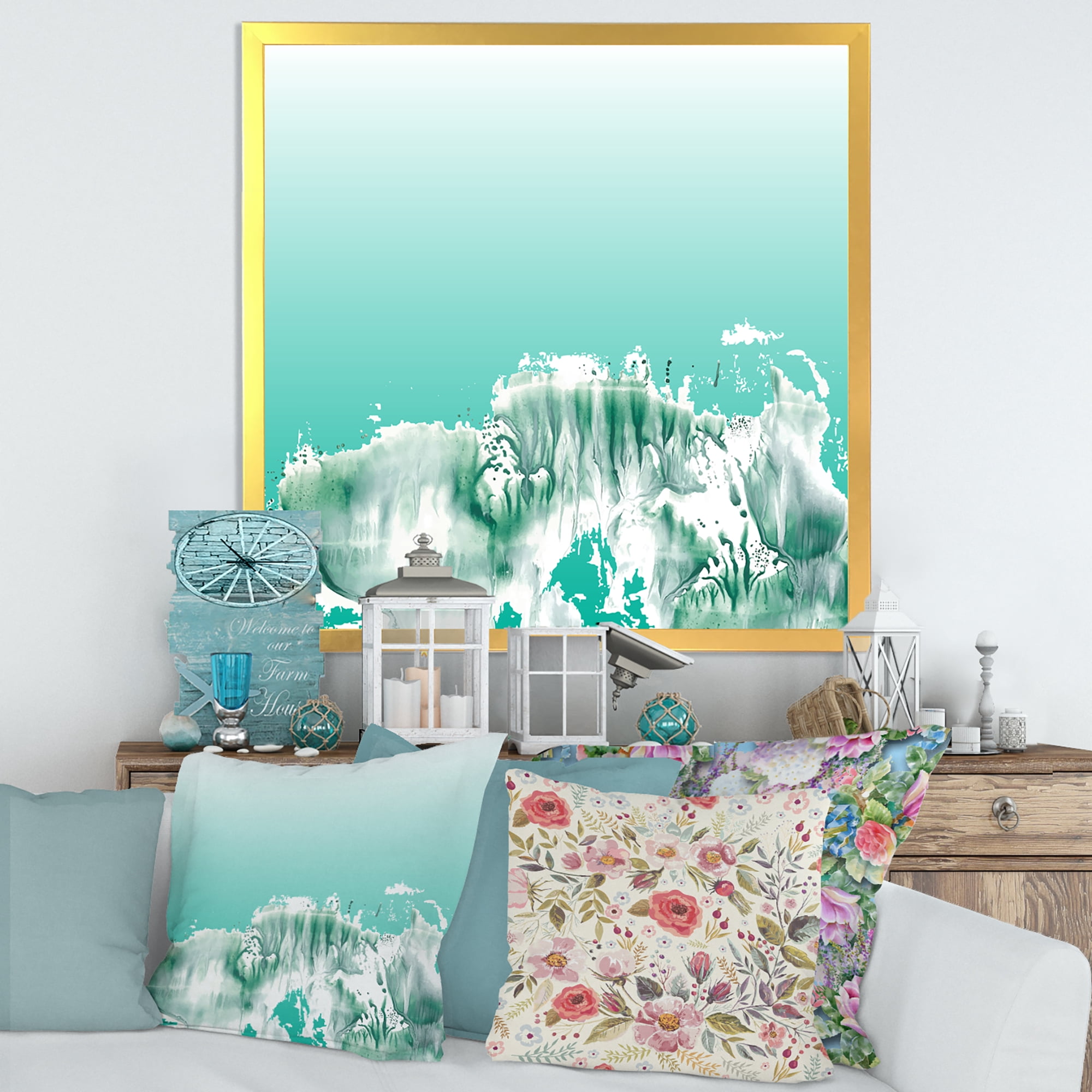 Designart 'Auquamarine Landscape Turquoise Splashes' Traditional Framed Art Print
