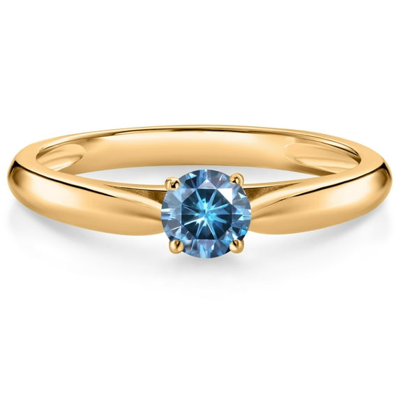 Gem Stone King 10K Yellow Gold Persian Blue Moissanite Solitaire Engagement Ring for Women (0.23 Cttw, Gemstone, Round 4MM)