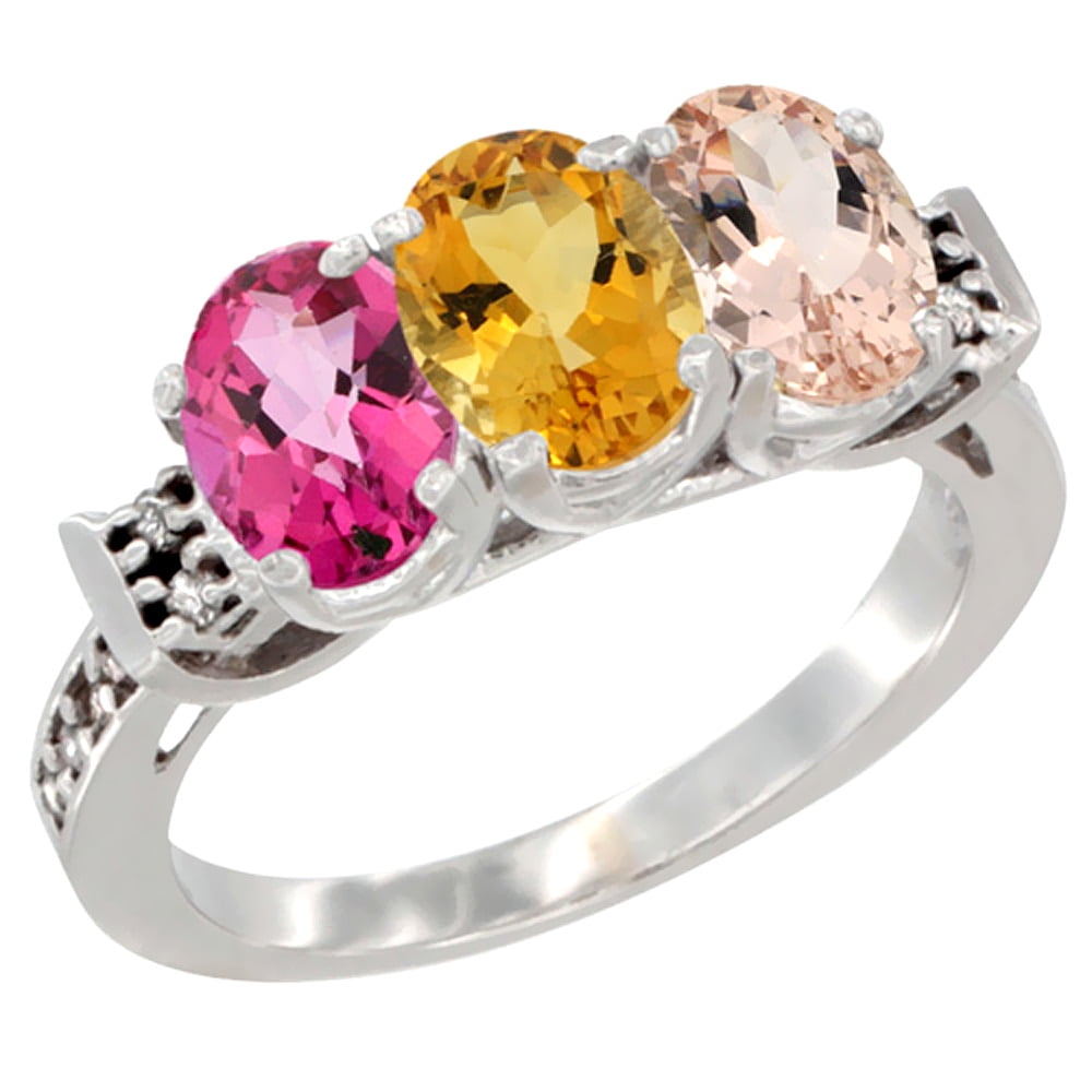 10K White Gold Natural Pink Topaz, Citrine & Morganite Ring 3-Stone Oval 7x5 mm Diamond Accent, sizes 5 10 by WorldJewels