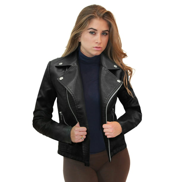 Olivia Miller Womens Faux Leather Zip Up Moto Biker Jacket - Walmart.com