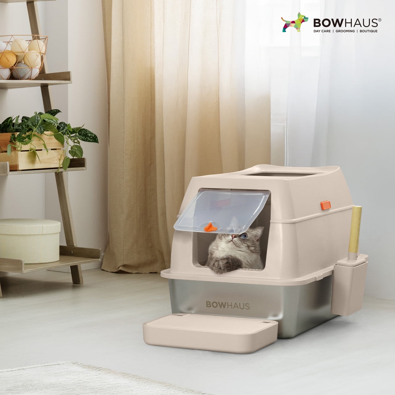 CAPHAUS XL 3 in 1 Enclosed Stainless Steel Cat Litter Box w/ Lid, Extra Large High Sided Metal Cat Litter Pan, High Sided Steel Litter Box w/ Scoop, Odor Control, Easy Clean & Anti-Leakage, Beige