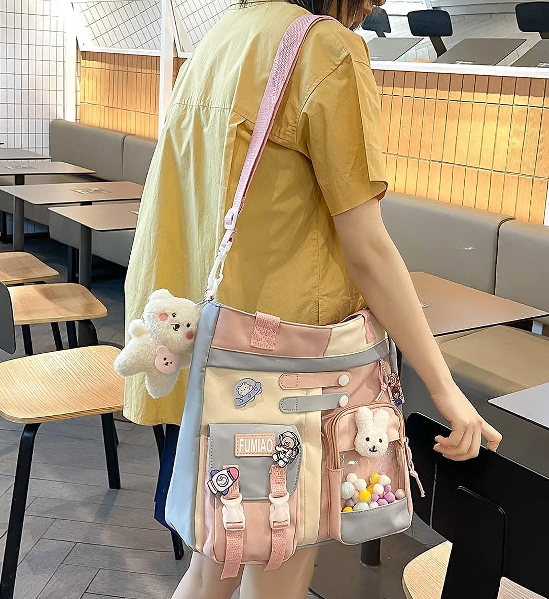 Messenger Bag with Kawaii Pins and Pendant for Women Cute Crossbody Bag Shoulder Tote Bag Casual Handbag