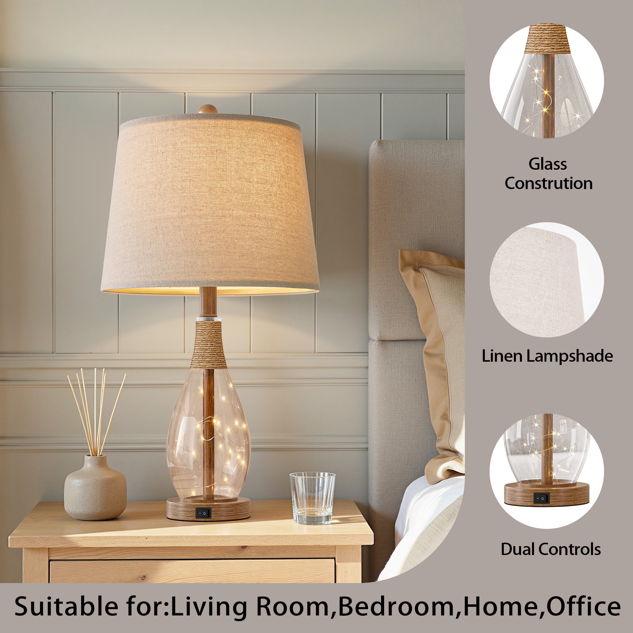 Yokila 23" Farmhouse Table Lamp Set of 2 with USB Ports for Bedroom Living Room, Retro Glass Nightstand Bedside Lamps(2 Bulbs Included)