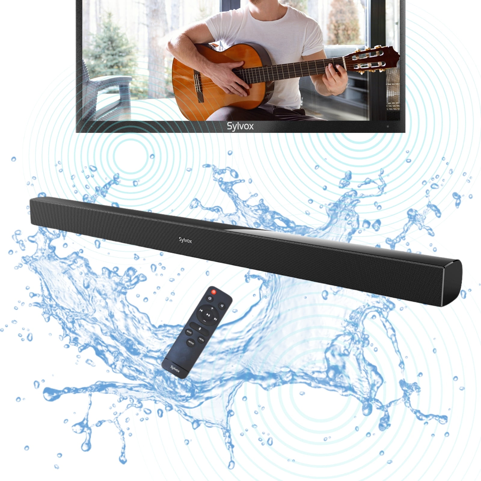 SYLVOX SoundBar for Outdoor TV, IP65 Waterproof, 2.0ch Wireless Audio 60 Watts Speaker Support HDMI, Optical, AUX, USB and Bluetooth Connection, Wall Mountable(OTA1ELFS2)