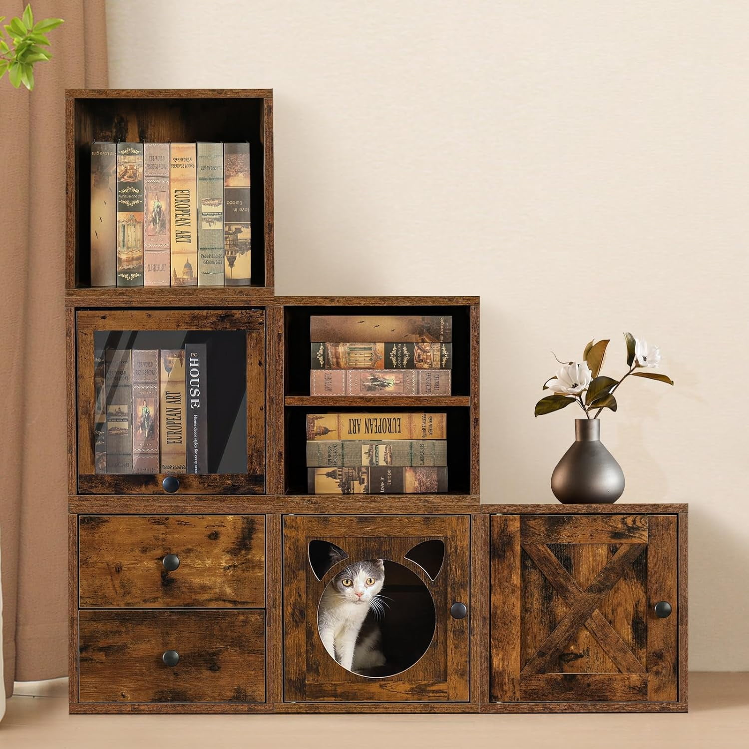 Magic DIY Cube Storage Organizer Stackable Cubes for Home Books Clothes Toy -Modular Cubby Storage System -Closet Organizer -Bookcase Closet(Antique Brown,Cat Door Cube)