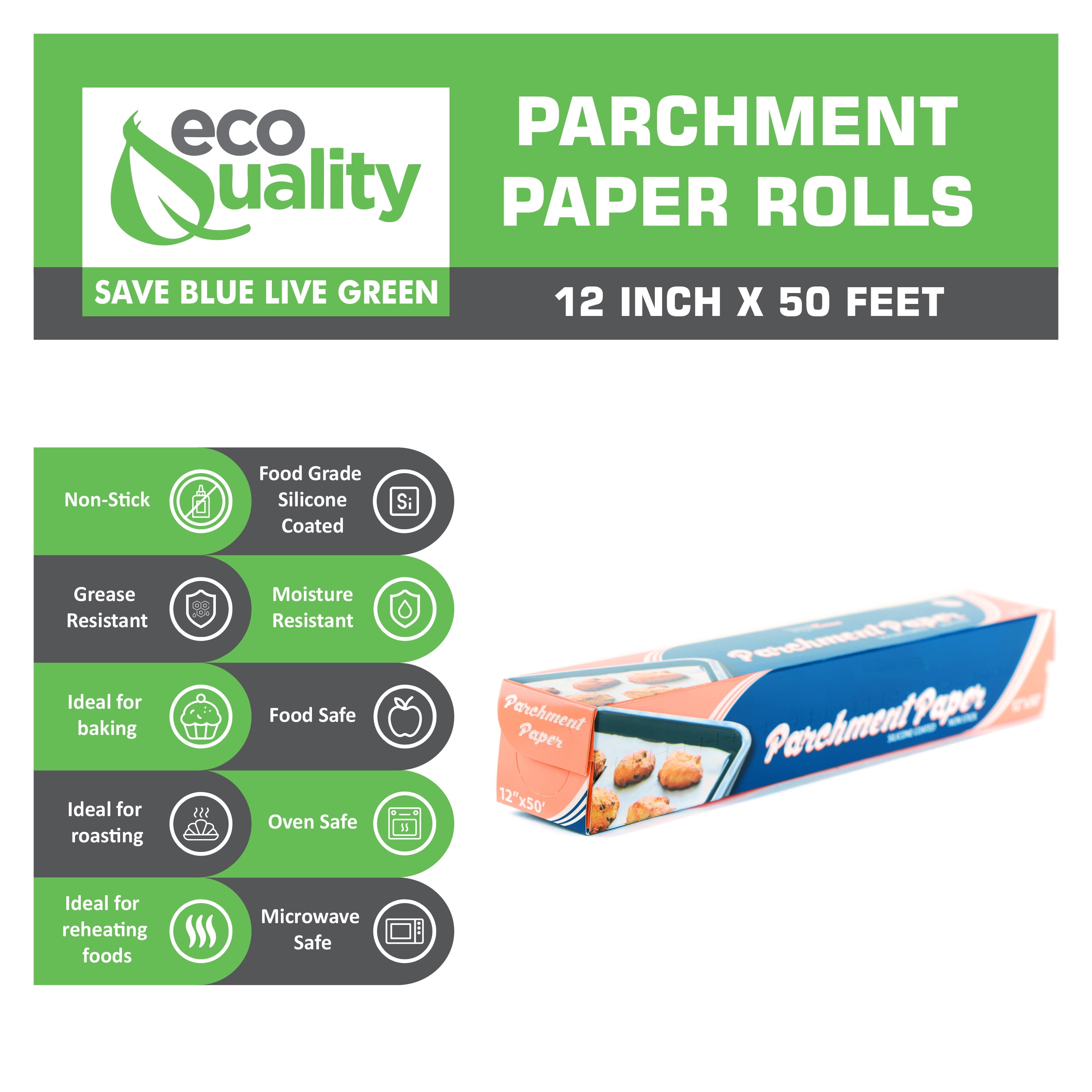 [2 Pack] EcoQuality Baking Parchment Paper Non-stick Silicone Coated Baking Paper Roll for Cakes, Smoking, BBQ, Cookies, Pizza, Pan Liners, Kosher 12 inch x 50 FT