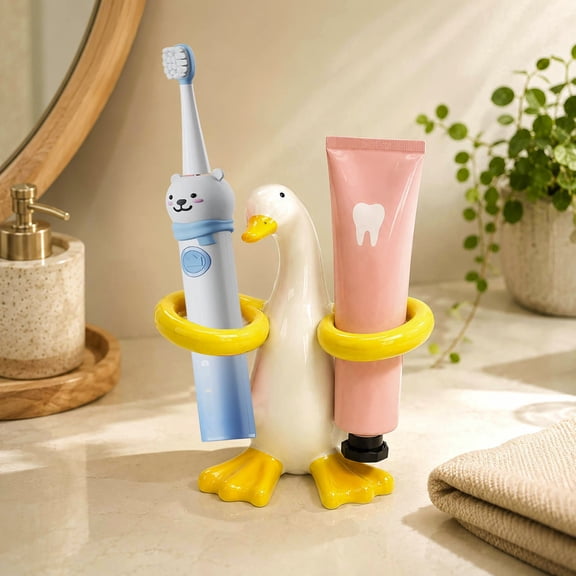 Cute Toothbrush Holder, 2-Slot Ceramic Toothbrush Holder, Bathroom Counter Corner Organizer for Kids Adults Dorm Vanity Decor