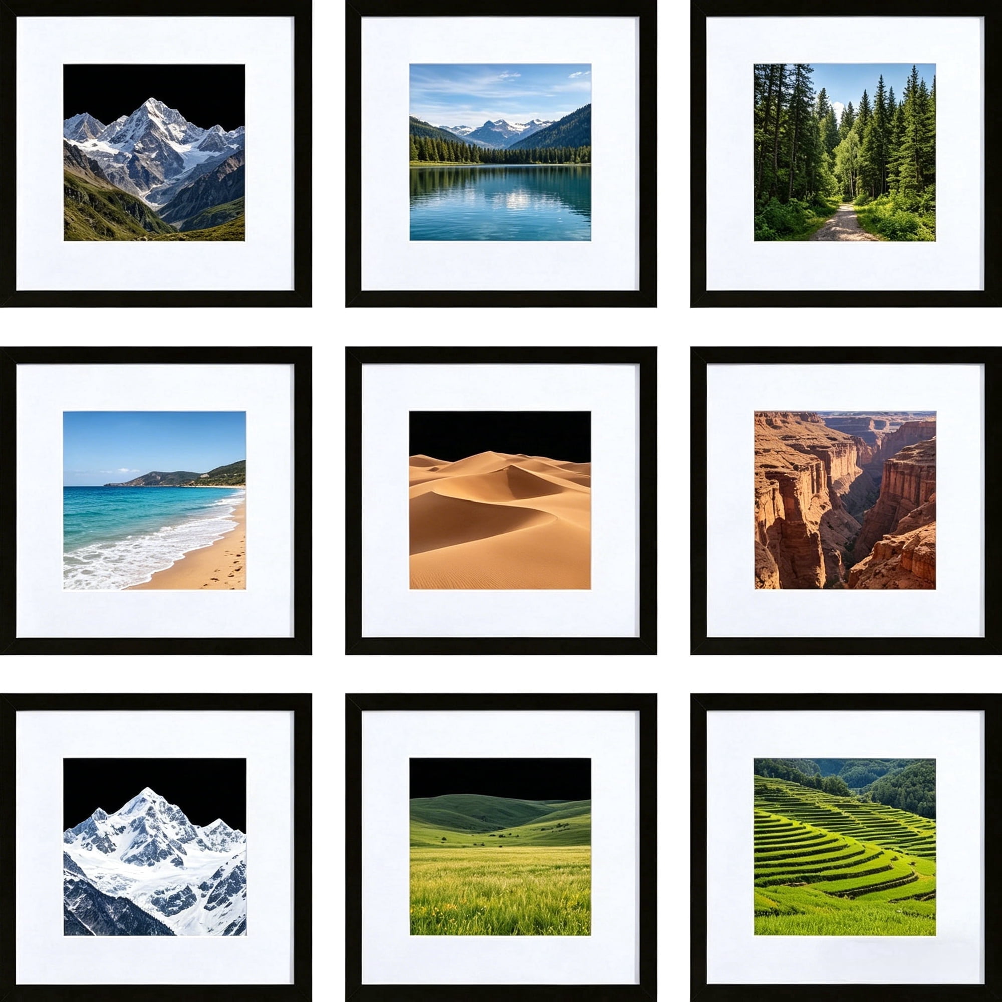 Postrame 9-Pack 12x12 Picture Frames Black, Display Photos 8x8 with Mat or 12x12 Without, Modern Gallery Wall Frame Set for Home Office Decor