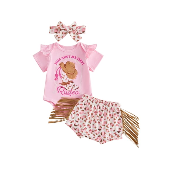 BemeyourBBs Newborn Baby Girl Cowgirl Outfit Western Baby Girl Summer Clothes My First Rodeos Boots Print Short Sleeve Romper Tassel Shorts and Headband Set