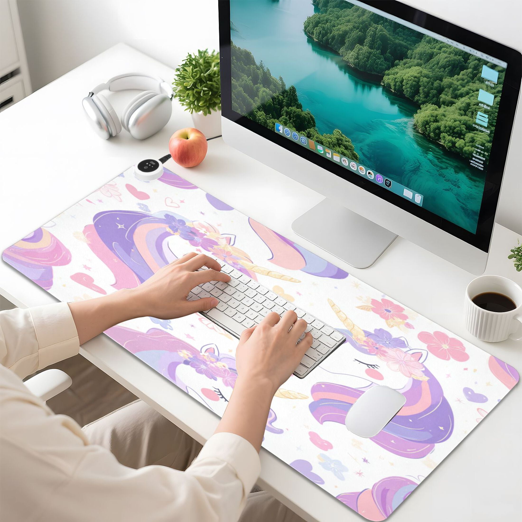 Large Heated Desk Mat Mouse Pad 31.5"x13"PU Leather Graphene Heating Desk Warmer with 3 Temperature Settings 110V US Plug Non-Slip Warm Pad for Home, Office, and Gaming Magical Unicorn Garden Pattern