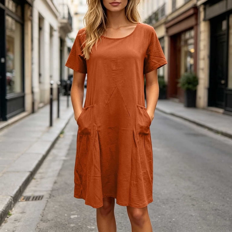 Sokhug Women's Mini Dresses Round Neck Cotton Blend T-Shirt Dress Short  Sleeve Loose Fit Casual Solid A Line Dresses with Pockets