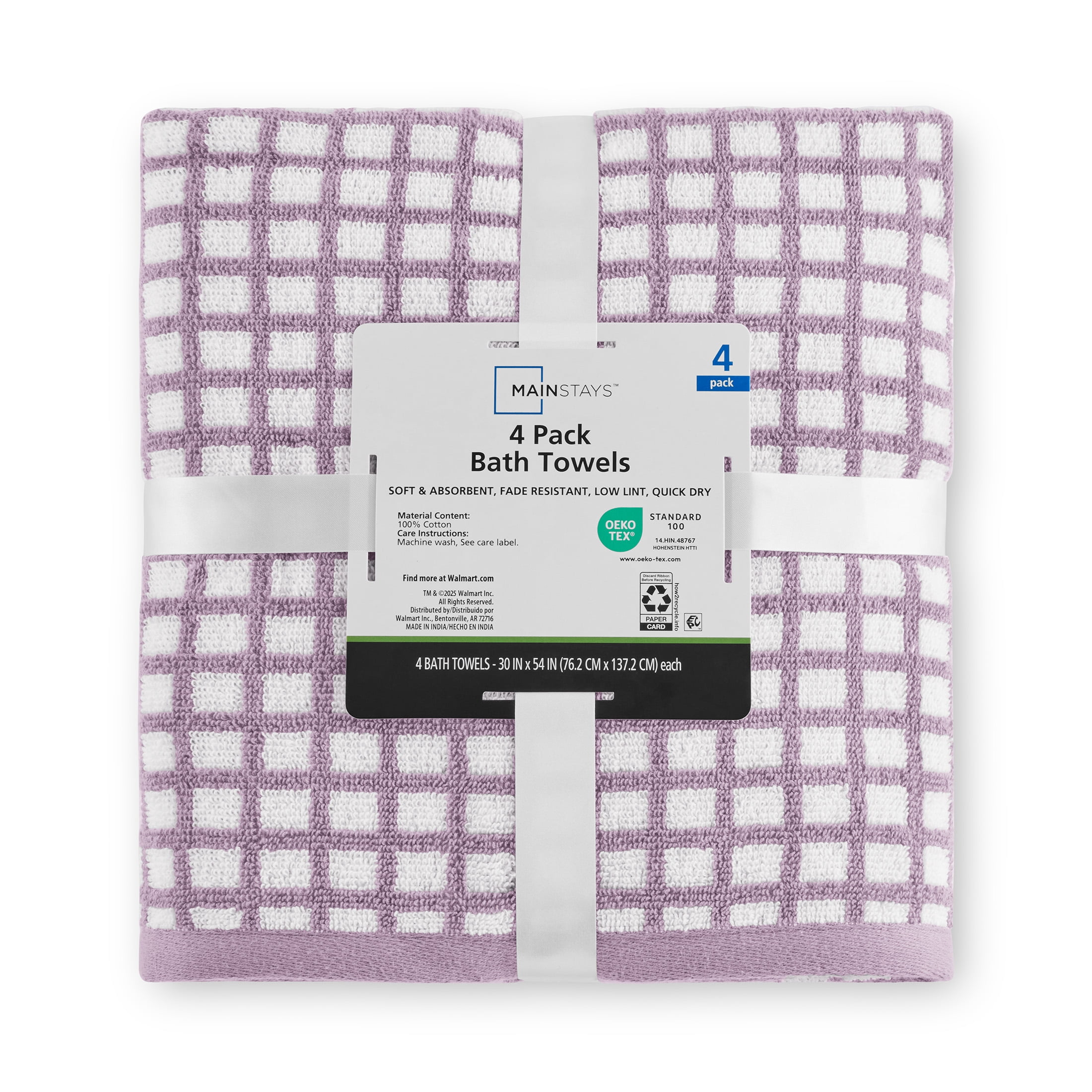 Mainstays Performance Quick-Dry Bath Towel Set, 4-Piece, Hazy Purple