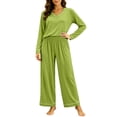 thumbnail image 4 of Women's V-Neck Loungewear Two Piece Set Loose Long Sleeve Top and Straight Leg Full Length Pants Soft Breathable Casual Pajama Set Green, 4 of 7