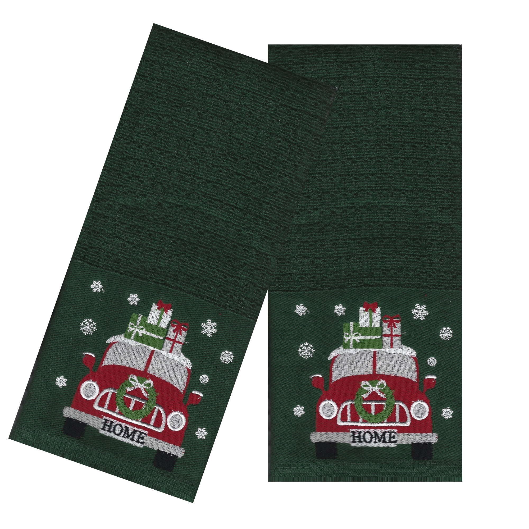 Christmas Dish Towels Embroidered RED TRUCK  w tree Waffle weave Cotton Gift Set 
