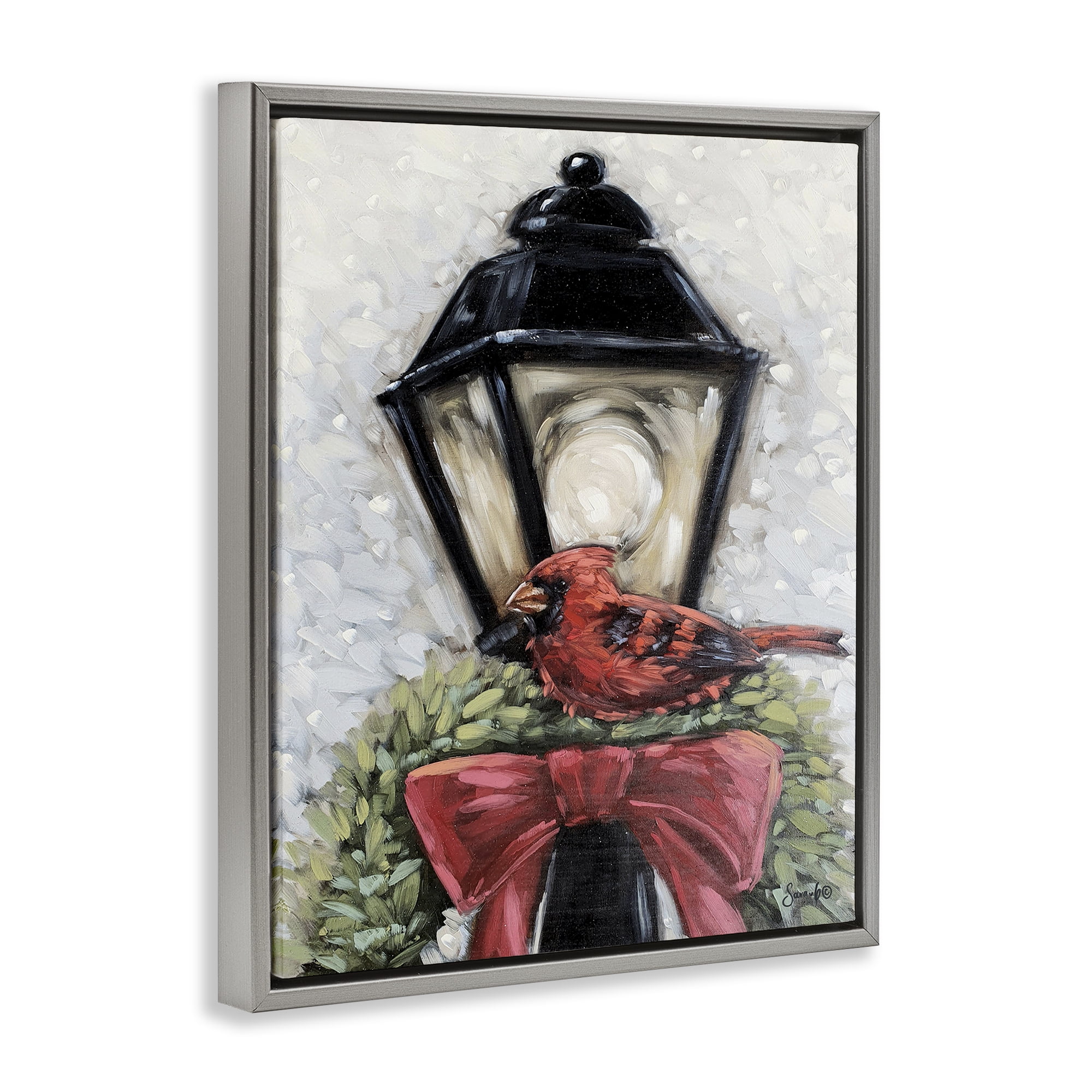Stupell Industries Cardinal & Holiday Lamp Holiday Painting Gray Floater Framed Art Print Wall Art, 17 x 21