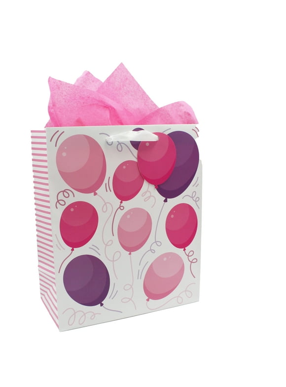 Way to Celebrate Pink and Purple Balloon Design Gift Bag with Tag, 12" x 10" x 5"