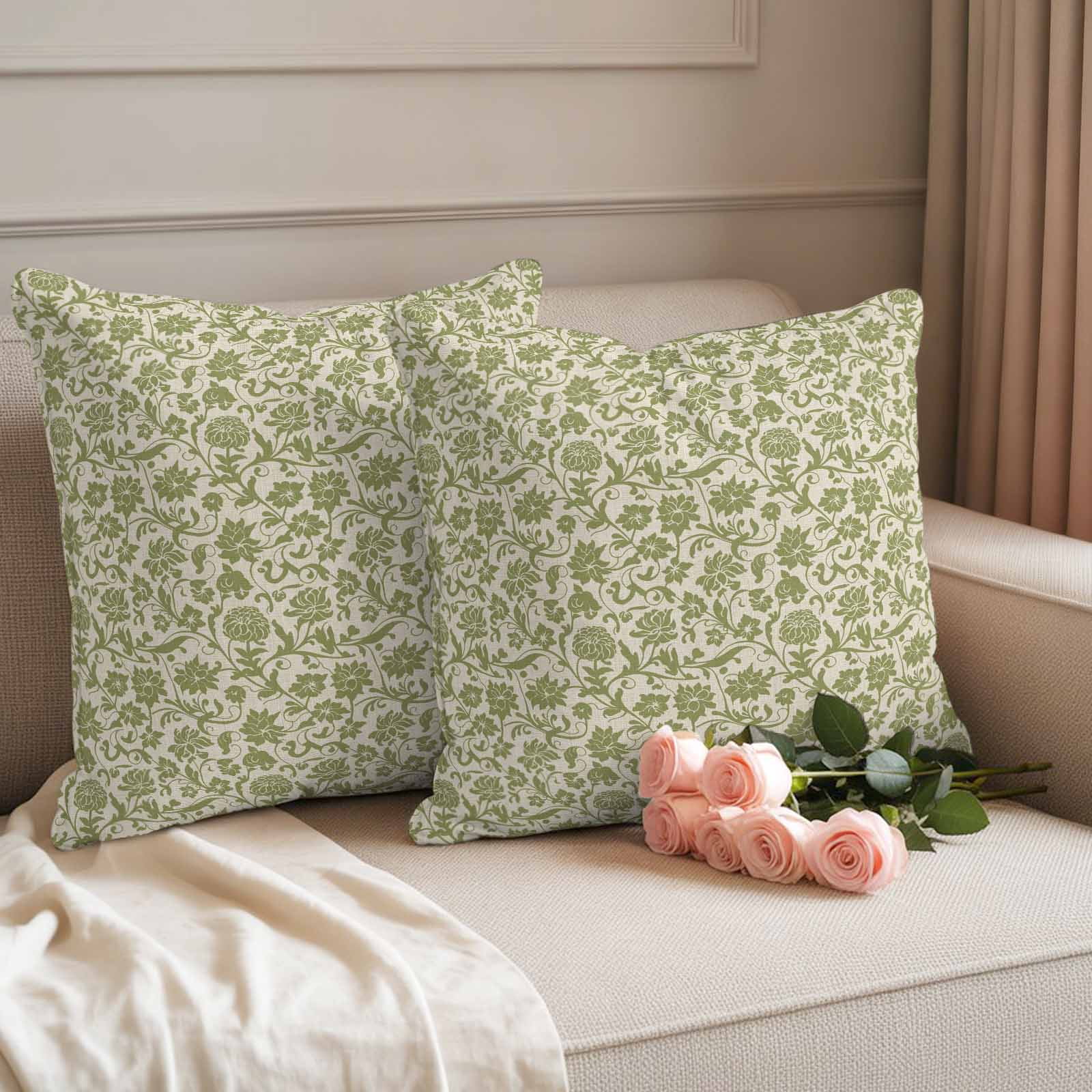 Pack of 2 Outdoor Pillow Covers,Waterproof Green Floral Throw Pillow Covers,Vintage Rustic Botanical Spring Decorative Pillowcases Cushion Covers for Patio Couch Pillow Sham Protector 16x16 Inch