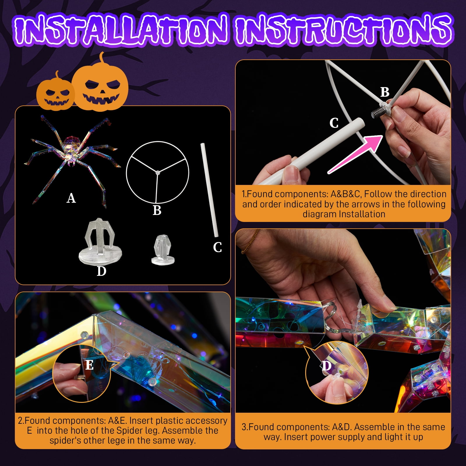 3FT Halloween Decorations Light Up Spider, Outdoor Halloween Decor Lighted Iridescent Spider, Weather Proof Pre-lit Spider with 340 LED Lights, for Front Yard Porch Gardens Lawns Party