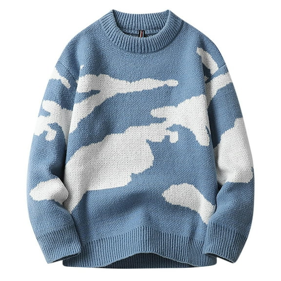 Mens Pullover Sweater, Men Vintage Knitted Sweater Round Neck Long Sleeve Knitted Sweaters Pullover Color Block Sky Clouds Sweater Pullover Jumper Unisex, Blue (Large)