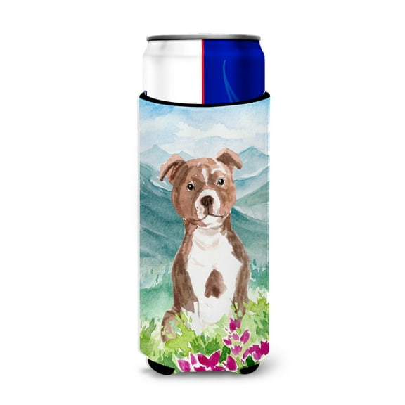 Carolines Treasures CK1968MUK Mountian Flowers Red Staffordshire Bull Terrier Michelob Ultra Hugger for slim cans  Slim