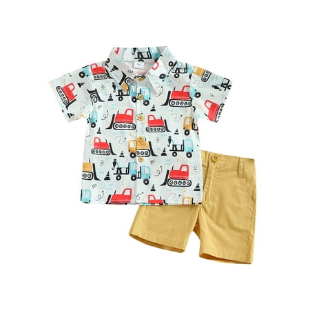 

TFFR Toddler Boys 2Pcs Short Sleeve Lapel Cartoon Car Print Shirt + Solid Color Shorts Set 1-5Y