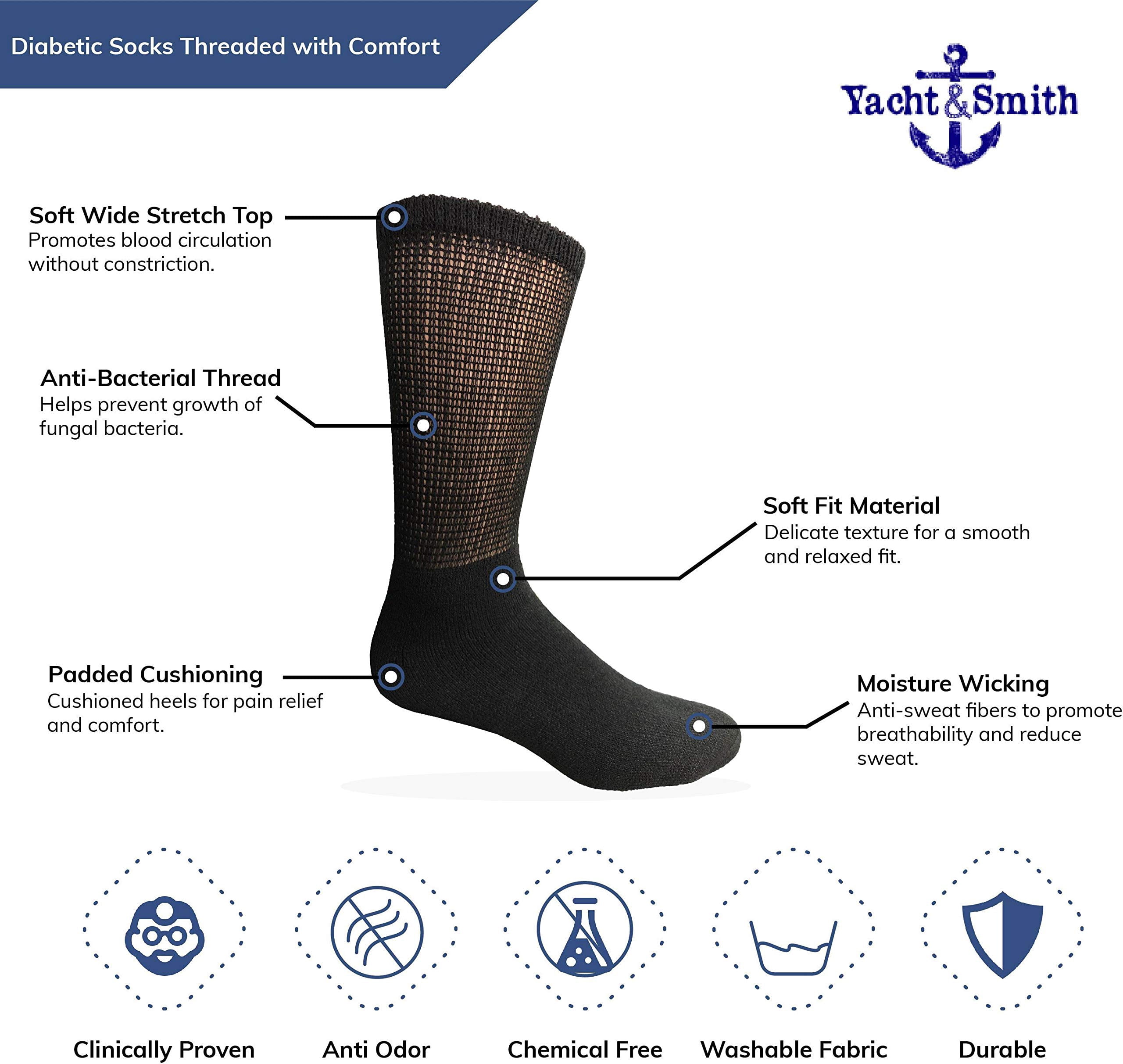 Yacht & Smith 12 Pairs of Mens King Size Diabetic Ankle Athletic Socks, 13-16 (Black)