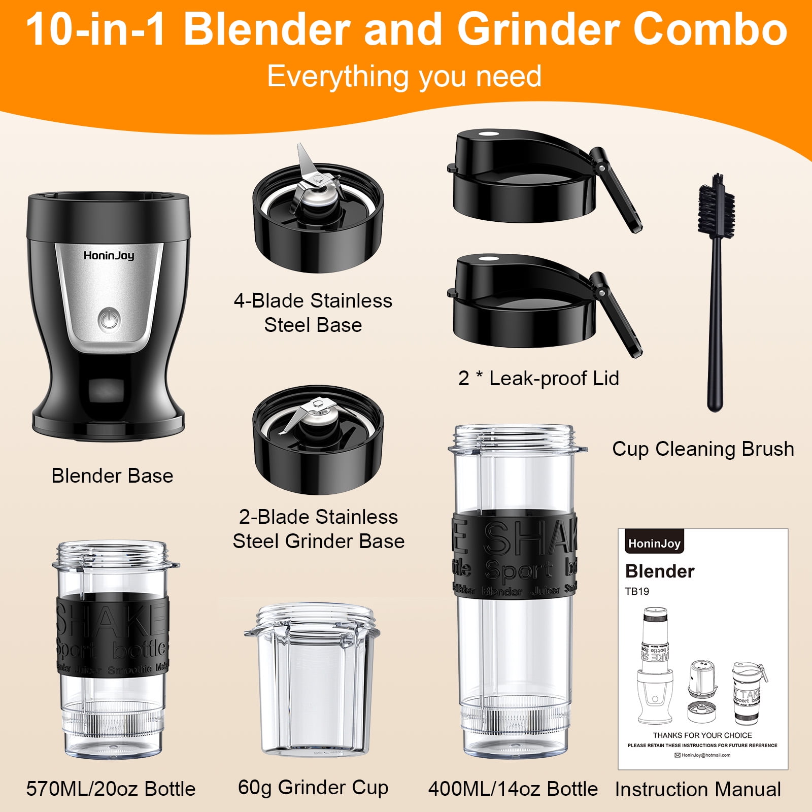 HoninJoy Portable Blender, Compact Personal Blender for-Smoothies, Shakes, Food Prep, and Frozen Blending, 20-oz. Cups and Spout Lids, Grinding Cup