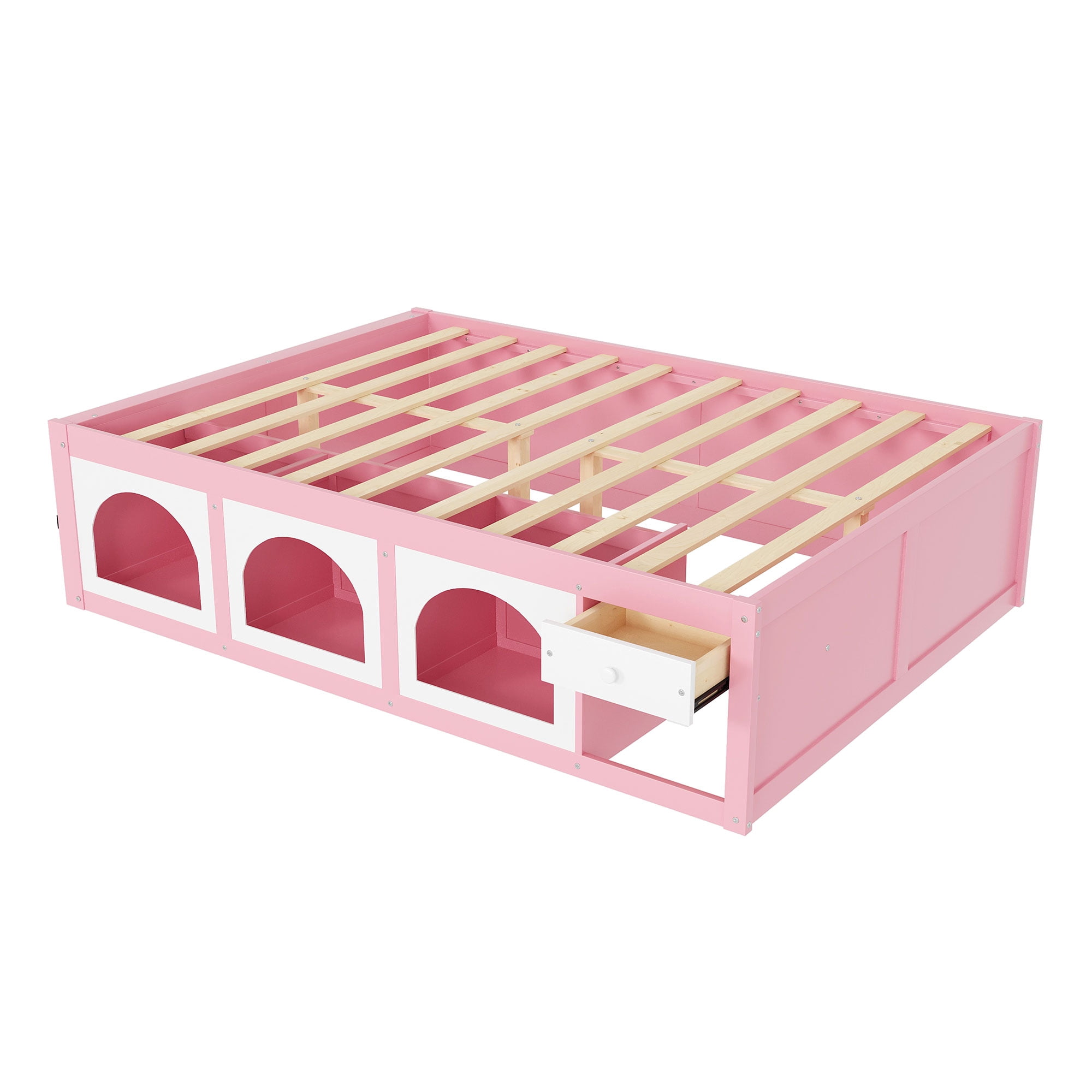 Mintazer Modern Queen Size Bed with Bookshelf and 3 Open Cubbies & Drawer, Platform Bed Frame with LED Light for Kids Bedroom, Pink & White