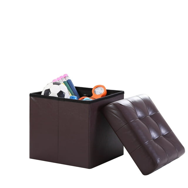Repose-pieds Ottoman en Cuir Capitonné, Pliable, pour Rangement de Meubles, avec Boîte de Rangement (Petit, Brun)