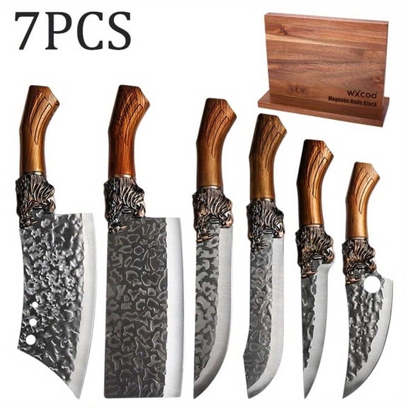 7PCS Professional Stainless Steel Kitchen Chef Knife Set With Double-sided Wooden Magnetic Knife Block Holder No Drilling Multipurpose Utility Boning Fish Cutting Knife for Home Kitchen Convenience