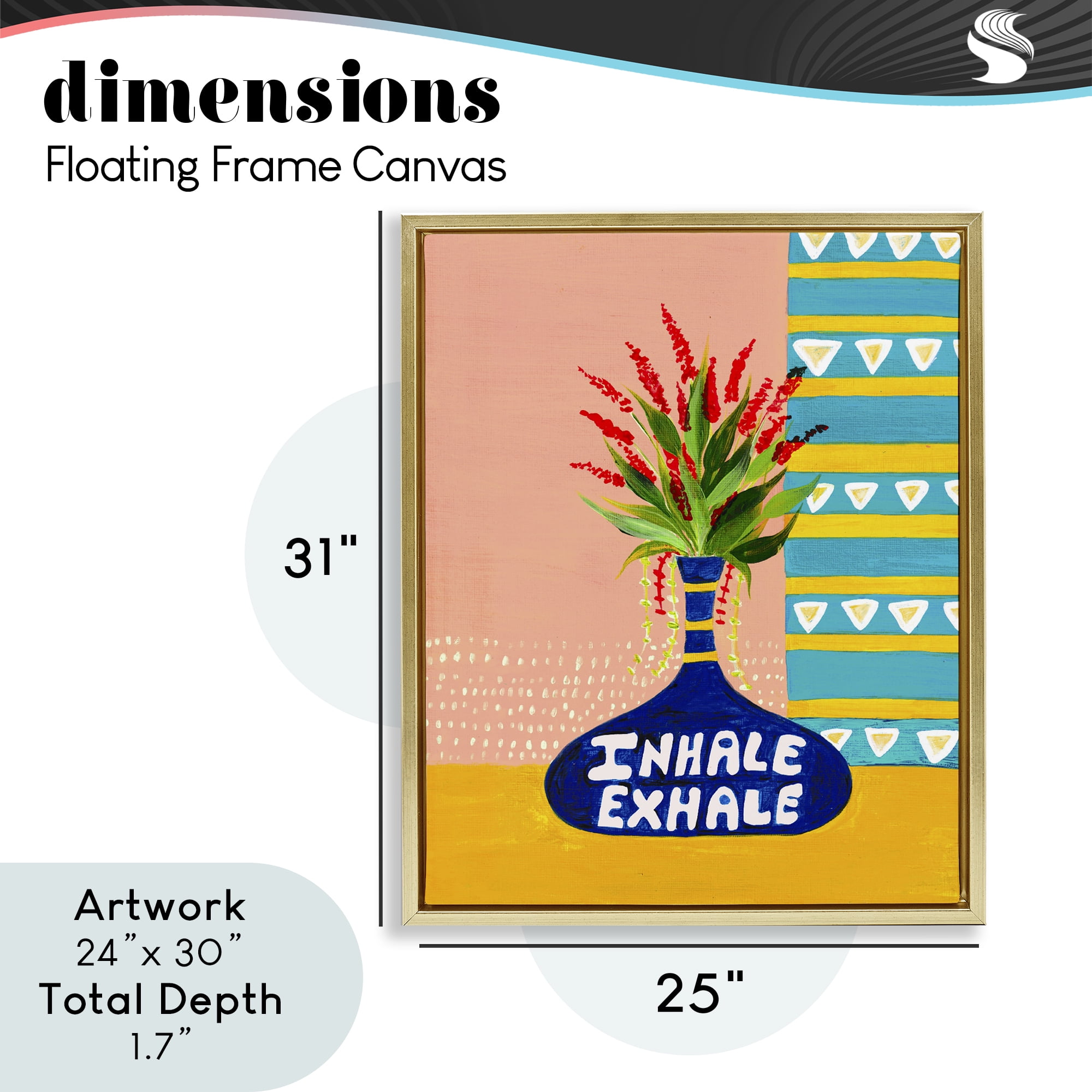 Inhale Exhale Flower Vase Gold Framed Floater Canvas Wall Art, design by Nabeela Rumi