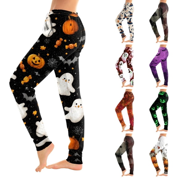 Hearthz Halloween Print Pajama Pants Women Ghost Pumpkin Bat Print Jogger Lounge Pants Elastic Waist Womans Lounge Pants with Cuffed Ankles