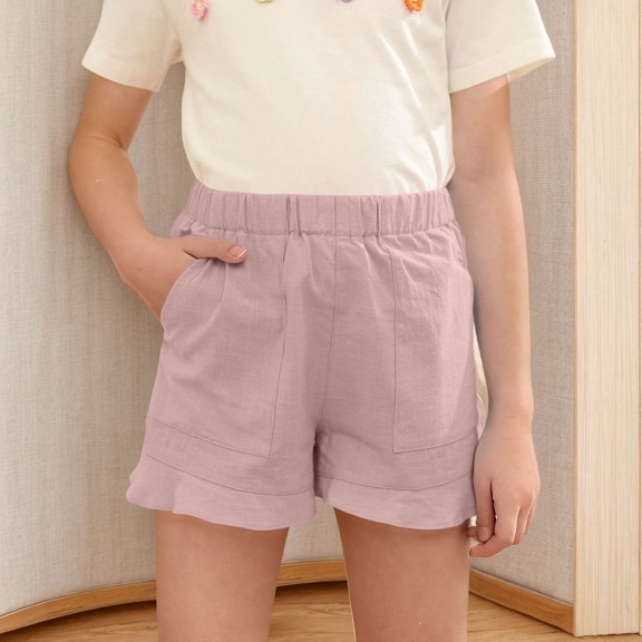 CQONEPT Girls Shorts Summer Casual Short Pants Ruffle Beach Wide Leg Linen Short Pant with Pockets Pink 140